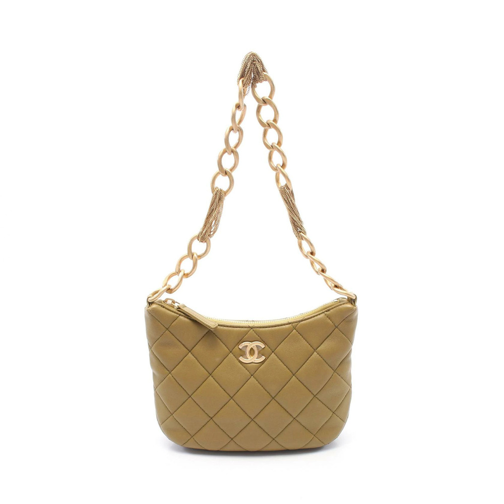 Chanel Hobo Shoulder Bag Leather Khaki Green
